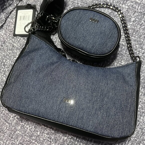 NWT DKNY Denim and Black Crossbody with detachable earbud/coin storage bag - Picture 9 of 10